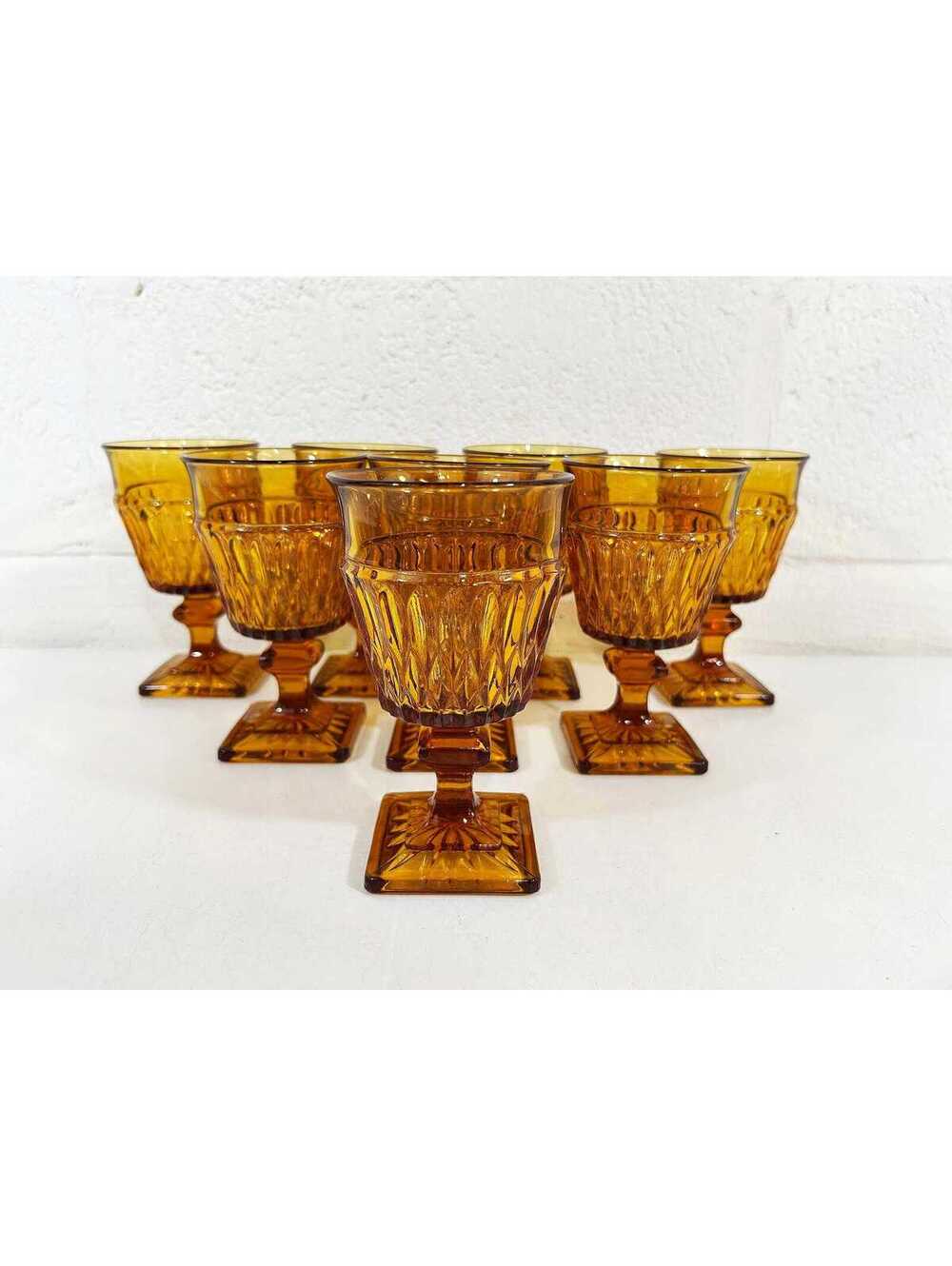 Vintage Set of 8 Amber Goblets Glasses Mt Vernon Footed Stemware Wine 1970s Bar